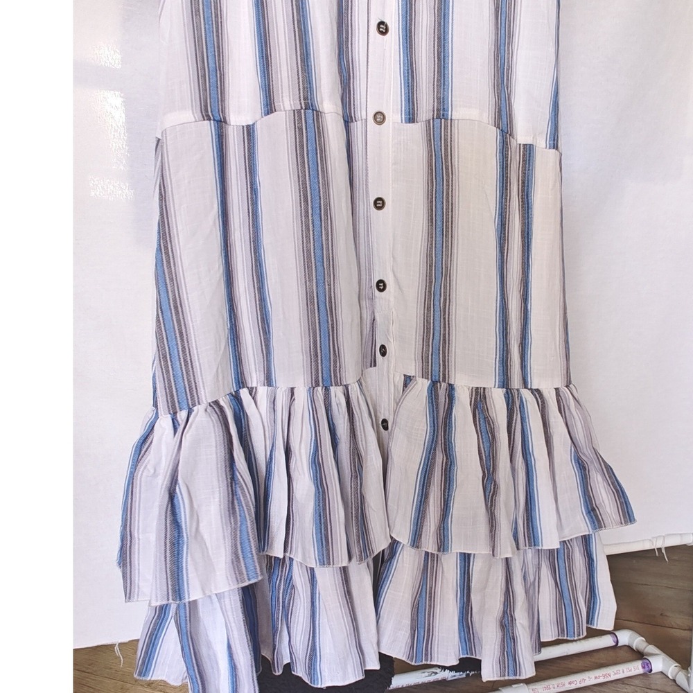 Vacate The Label Dress Standby Midi Panama Stripe Tiered Vneck White Blue M New - Picture 5 of 11